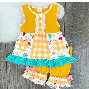 Girl Yellow Floral Ruffle Outfit Set Tag says M fits like 2T